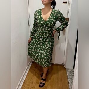 Anthropologie Green and White Wrap Sundress with Bishop Sleeves